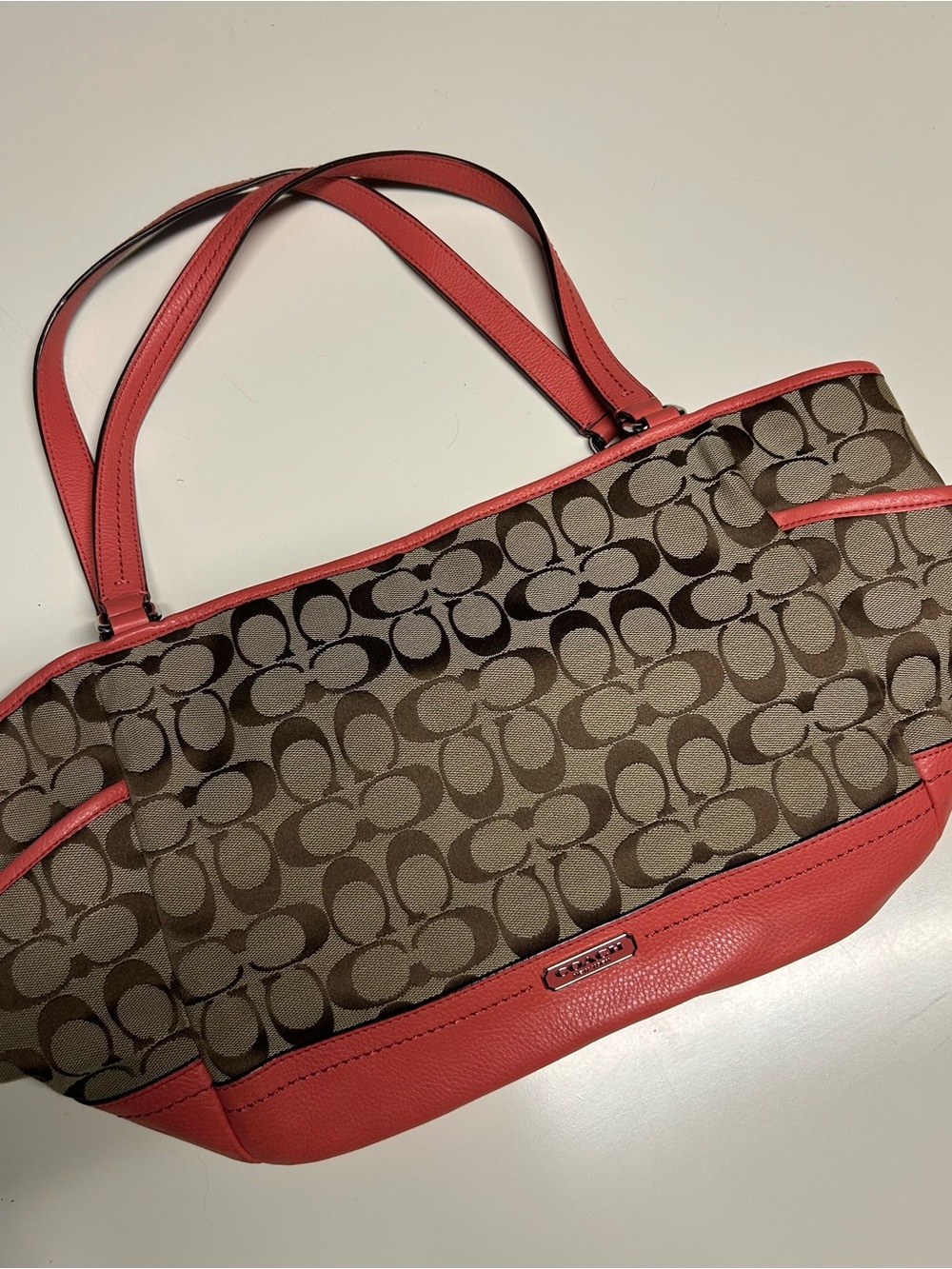 Coach Park Signature Jacquard Carrie Tote Bag – Brown & Coral/Red Trim (F23297)